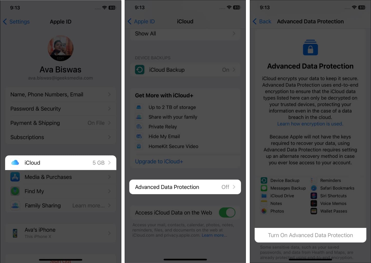 Tap Advanced Data Protection in Settings on iPhone