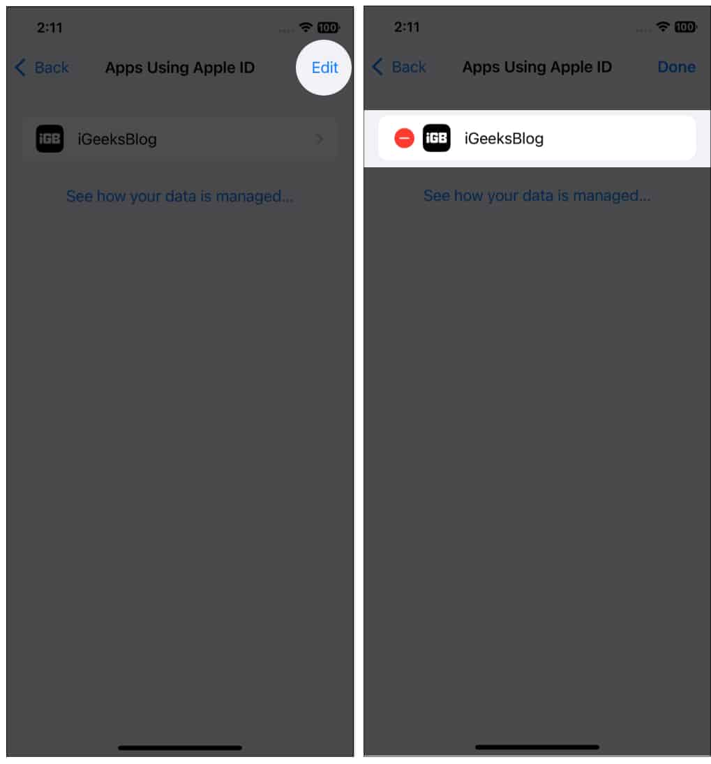 Tap Edit and Delete the app linked with Apple ID
