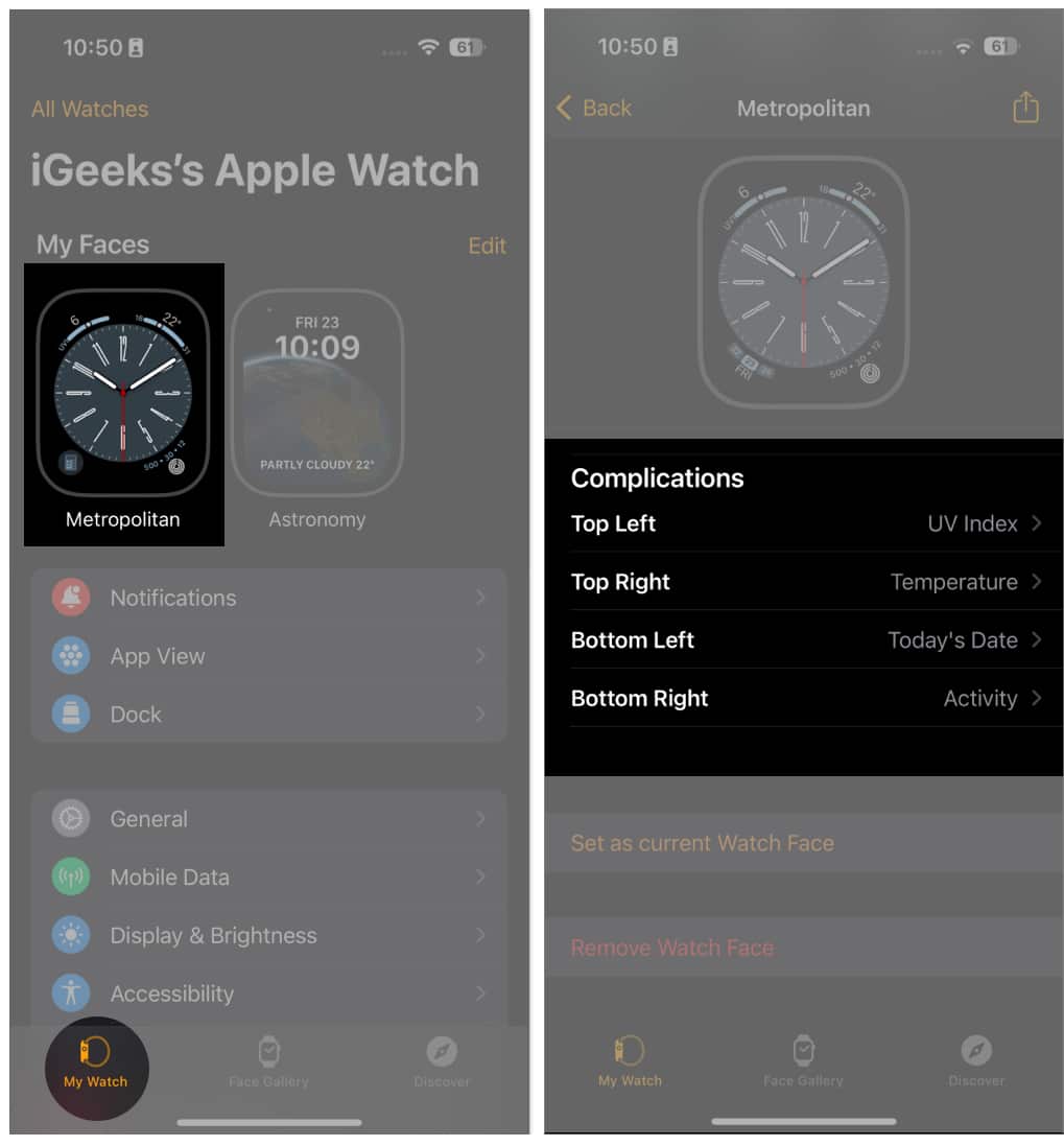 Tap Watch Face name, Go to Complications section in Watch app