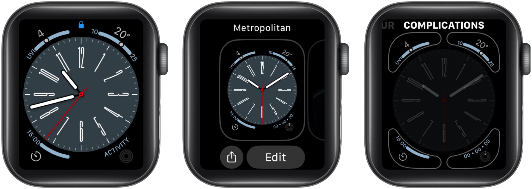 Touch and hold the watch face, touch Edit, swipe to Complications