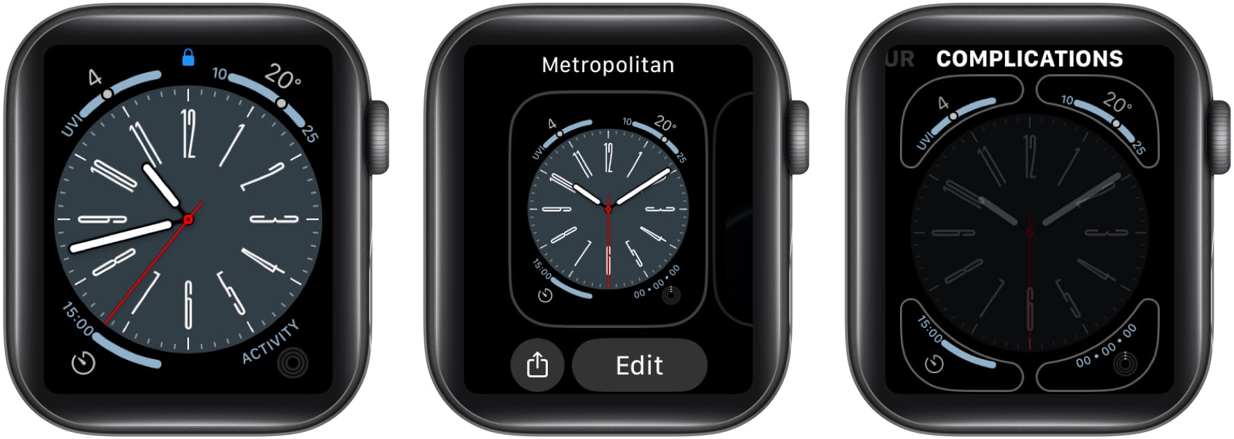 Tap and hold watch face Tap Edit Swipe to Complications