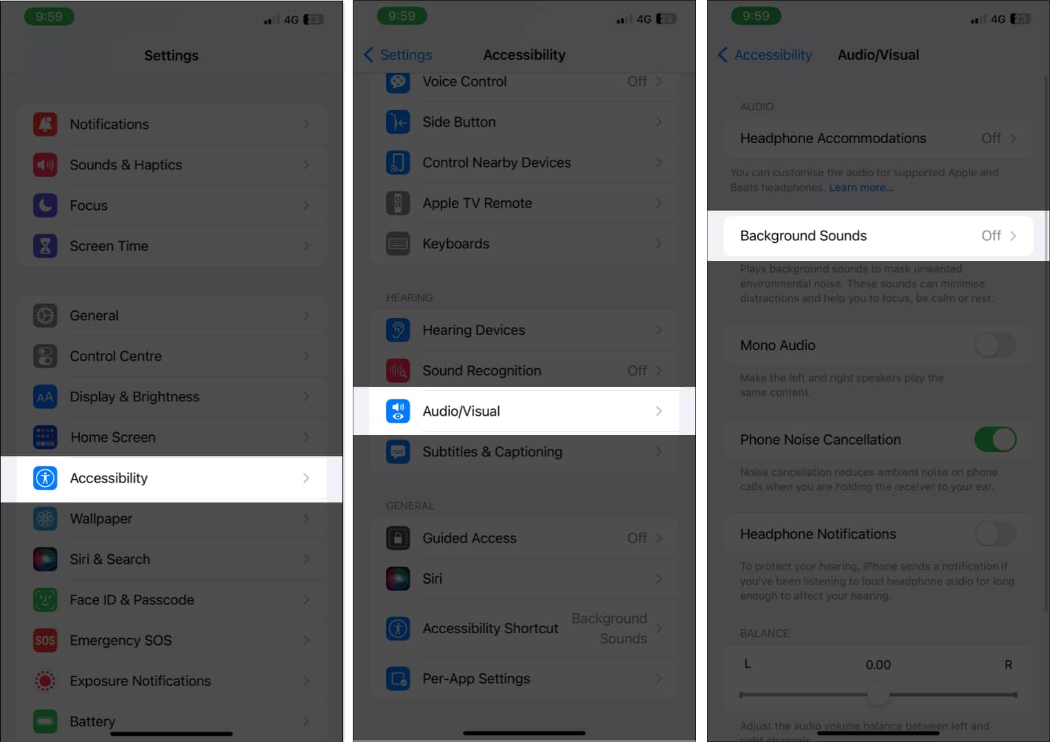 Tap on Accessiblity, Audio, Visual, and Background Sounds on iPhone