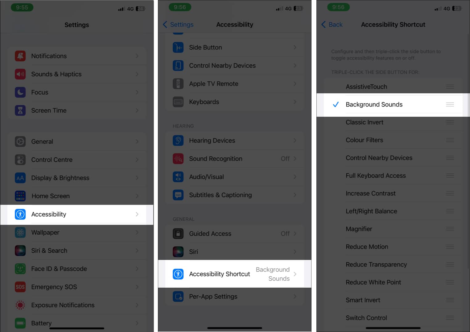 Tap on Accessiblity and Accessiblity Shortcut and Select Background Sound on iPhone