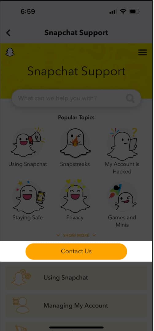 Ketik pada Hubungi Kami untuk berhubung dengan Sokongan Snapchat