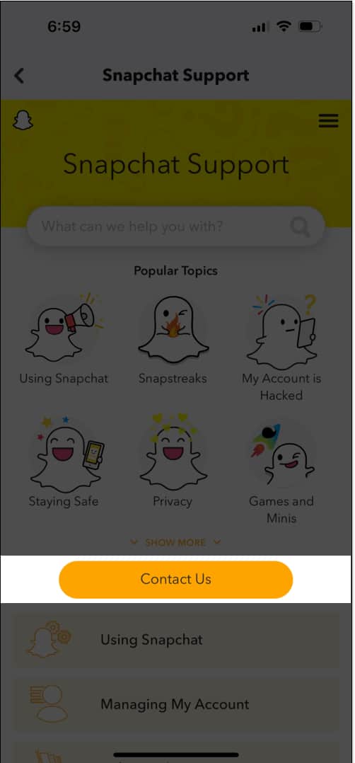 Klepnutím na Kontaktujte nás se spojíte s podporou Snapchat