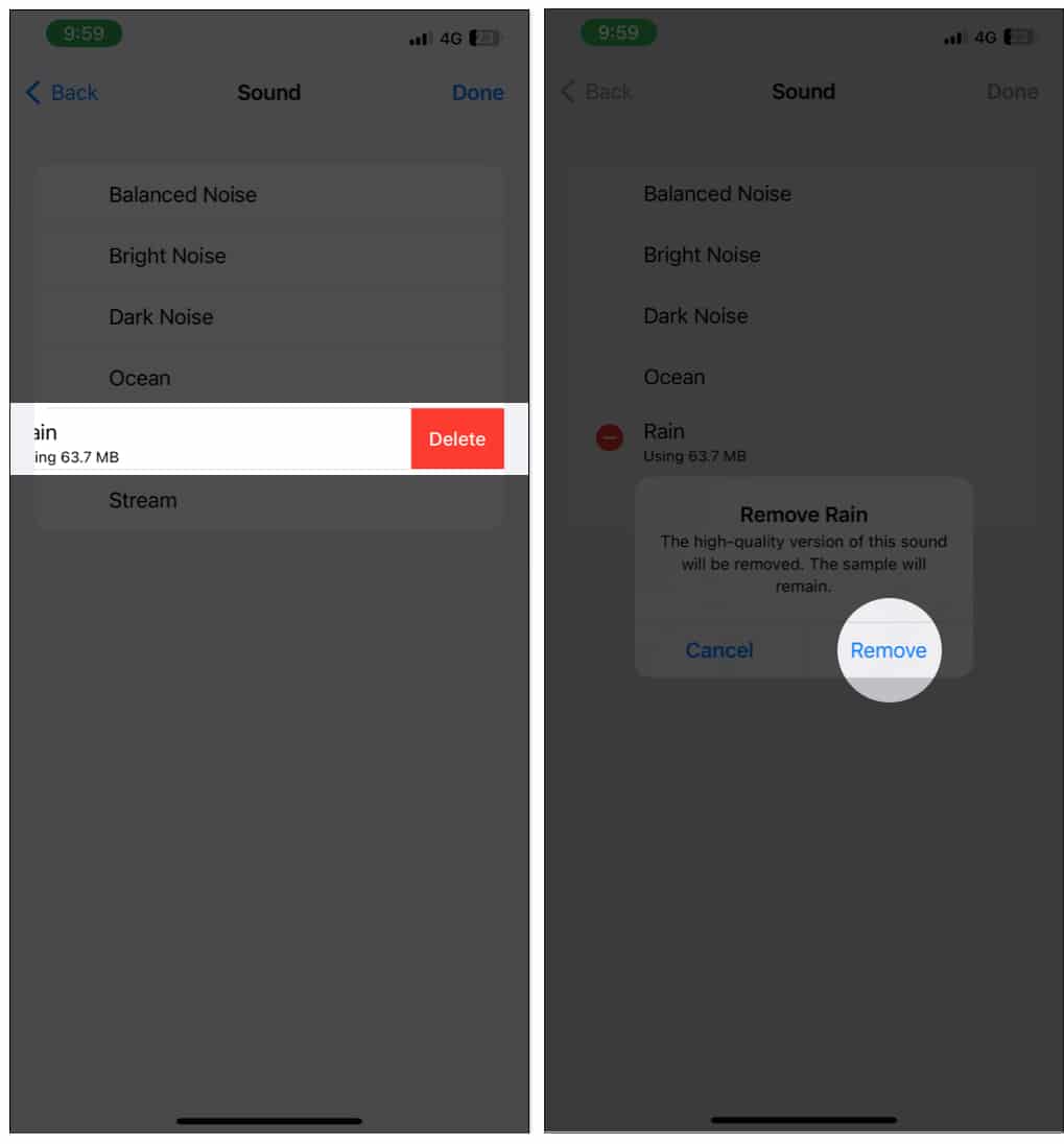 Tap on Delete and Remove in Sound on iPhone