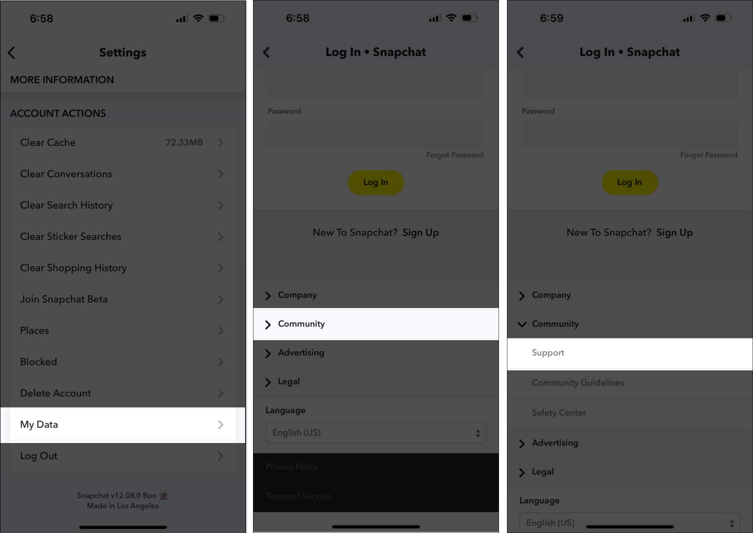 Ketik pada Data Saya, Komuniti dan Sokongan dalam Snapchat