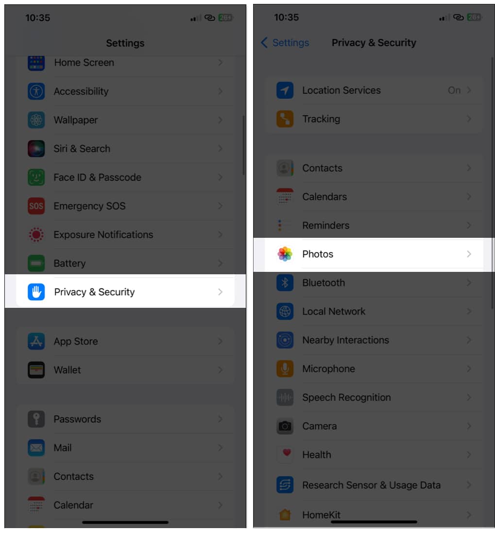 Tap on Privacy and Security and Photos on iPhone