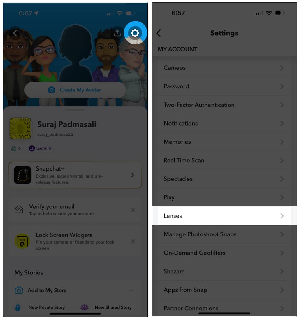 Tap on settings and Lenses in Snapchat
