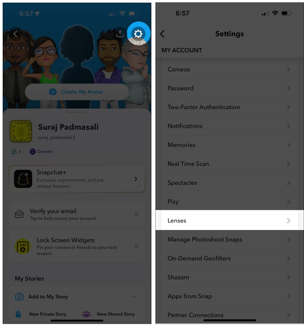 Klepněte na nastavení a čočky ve Snapchatu