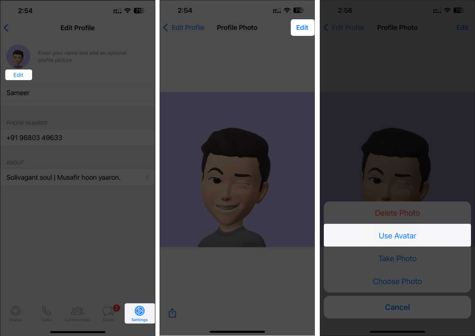 Tippen Sie auf Avatar verwenden, um Ihren WhatsApp-Avatar zu Ihrem Profilfoto zu machen