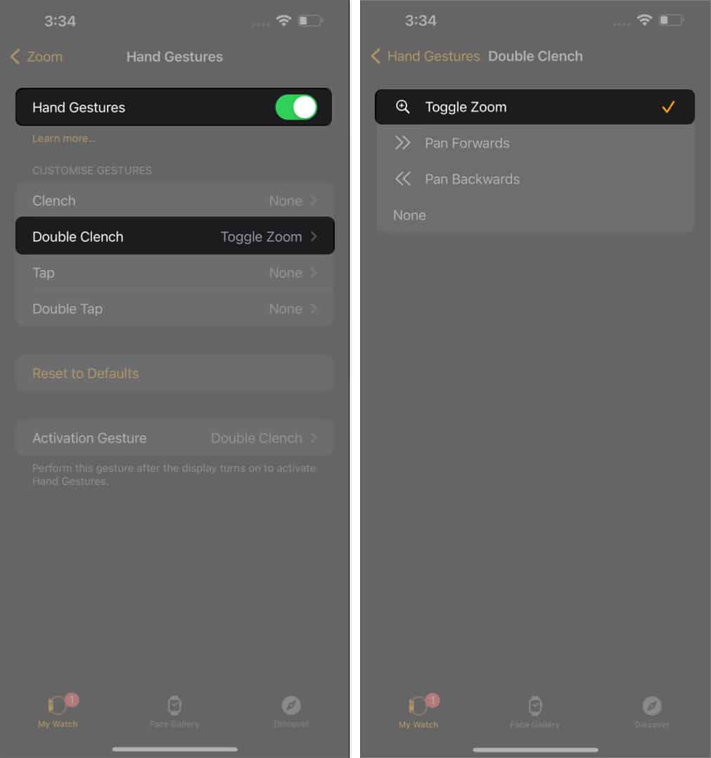 Toggle on Hand Gestures select Double Clench choose Toggle Zoom