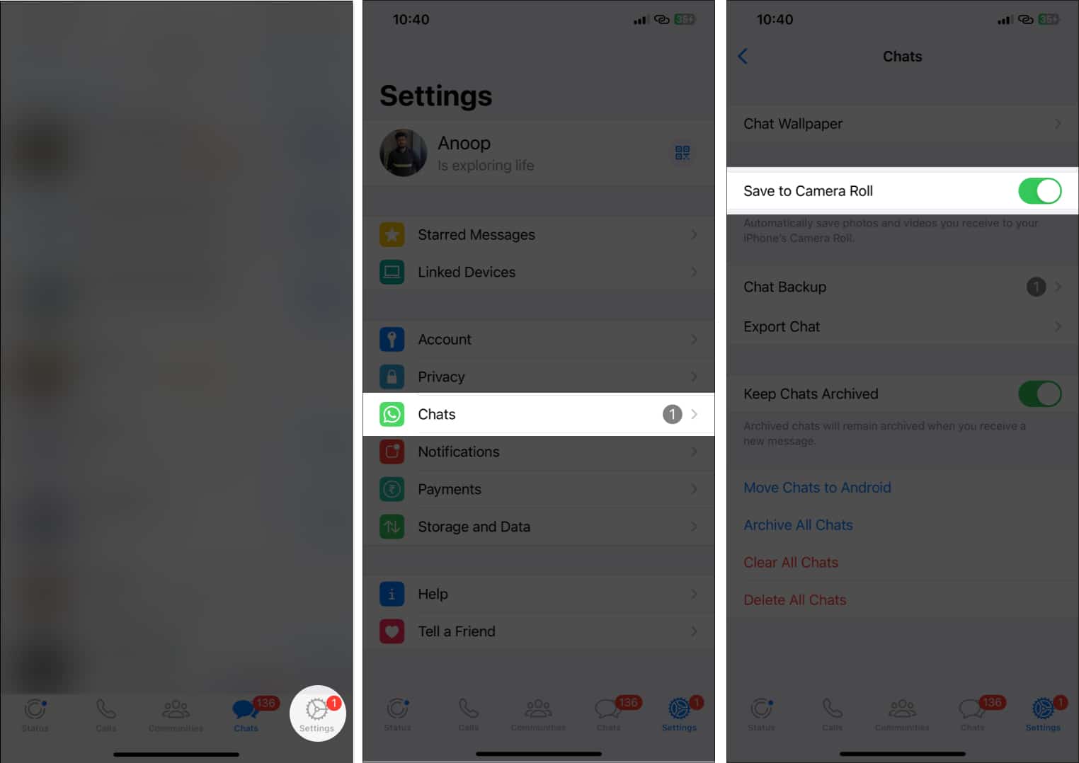 Turn ON Save to Camera Roll in WhatsApp for iPhone