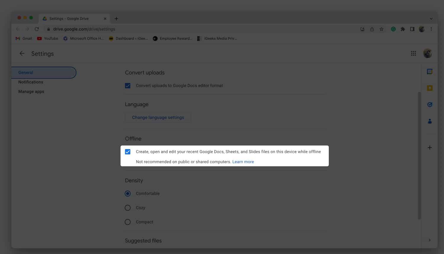 Turn on offline function on Google Drive 