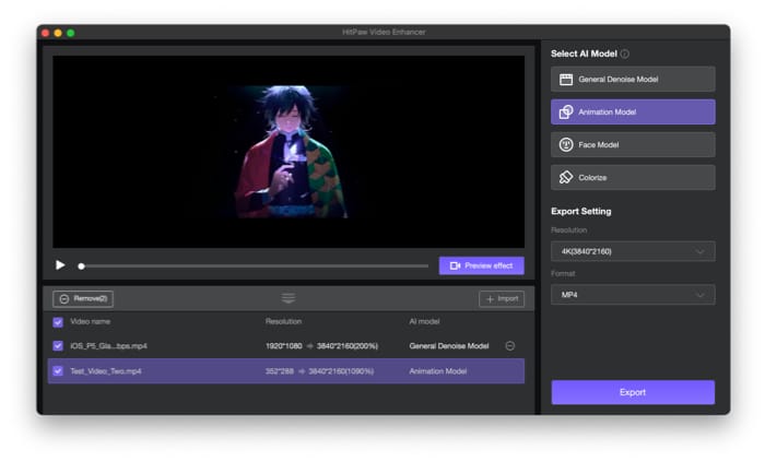 Upscaling anime video in hitpaw video enhancer