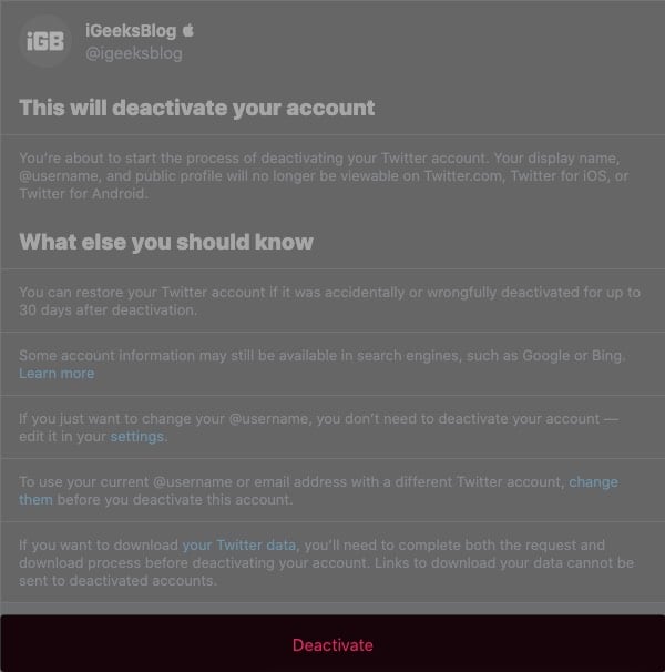 Verify deactivation for Twitter account