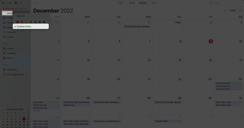 klikněte na možnost Vlastní barva v Kalendáři na Macu