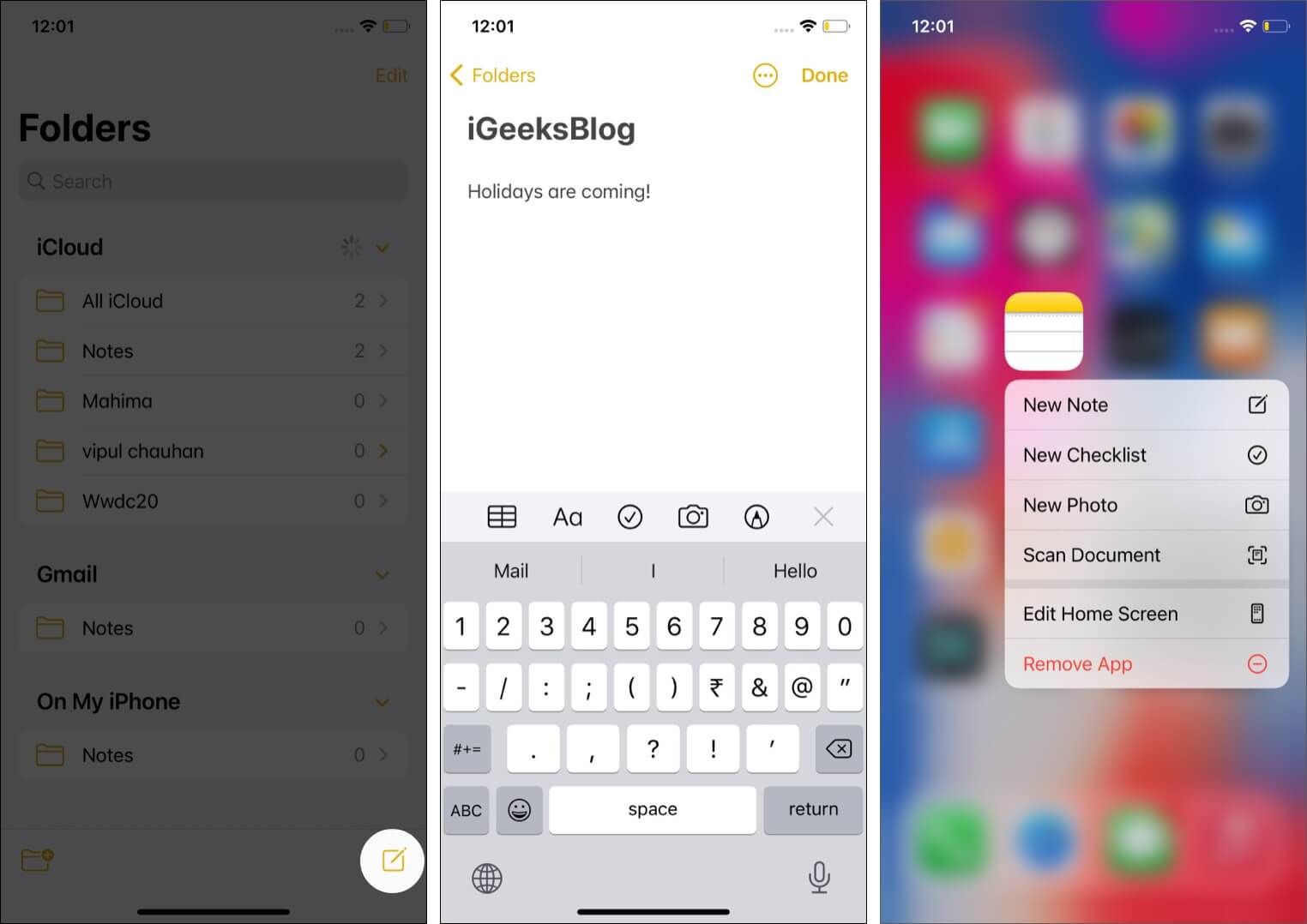 Create a new note in apple notes app