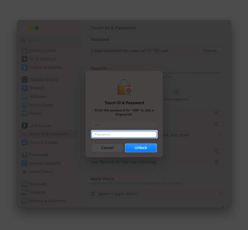 set up Touch ID for password-protected documents 
