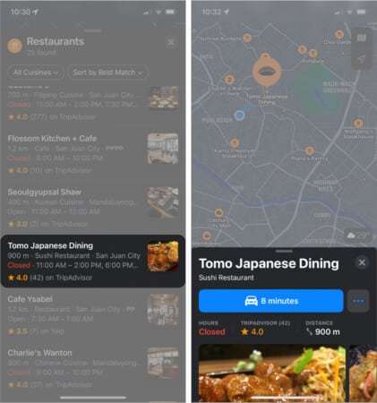 Amenities of restaurant in Maps on iPhone