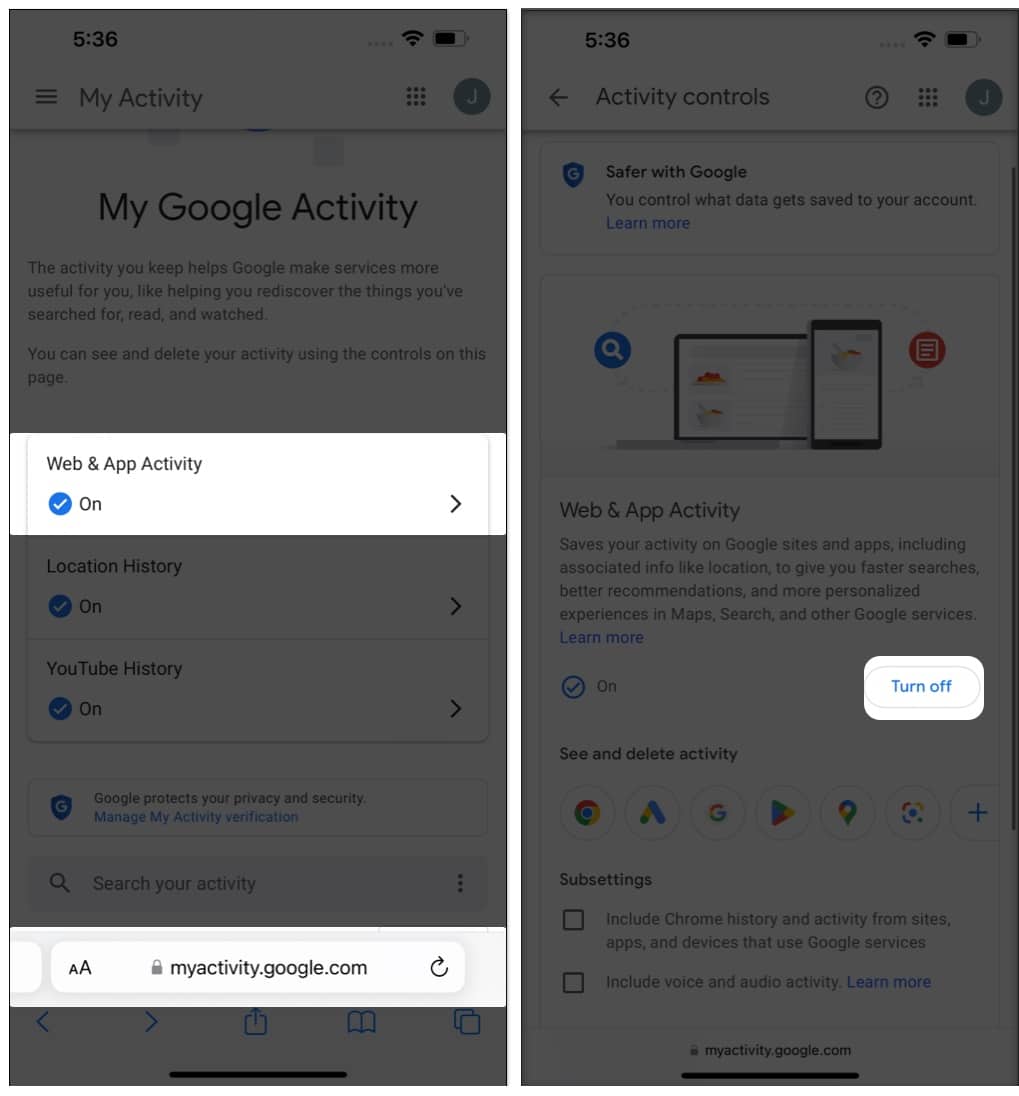 Browse my activity on google, tap web and app activity, tap turn off