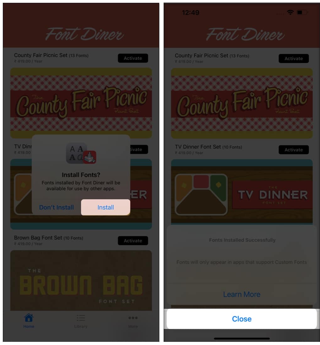 Velg Installer, trykk på Lukk-knappen på Font diner-appen