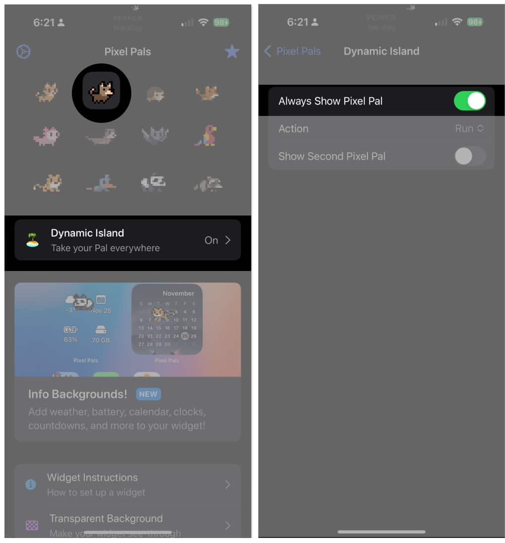 Choose Pixel Pal, Tap Dynamic Island, toggle on Always Show Pixel Pal