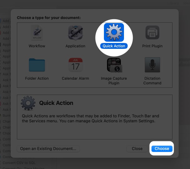 Pilih Tindakan Pantas, klik Pilih dalam Automator Mac