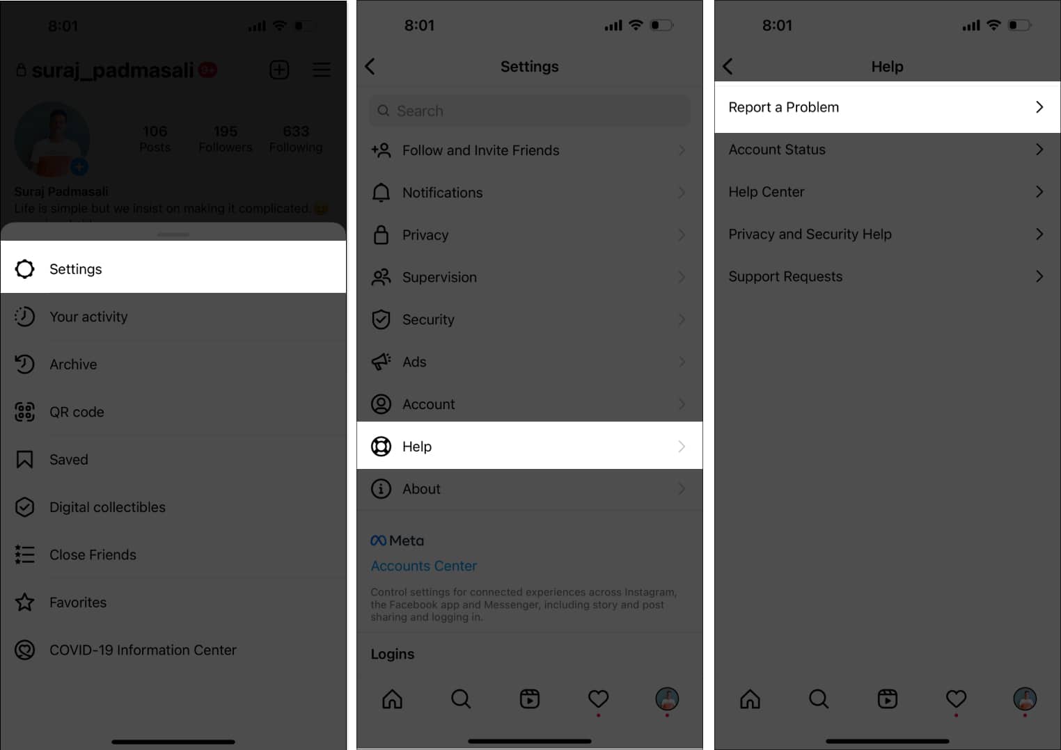 Choose Report a Problem in Instagram