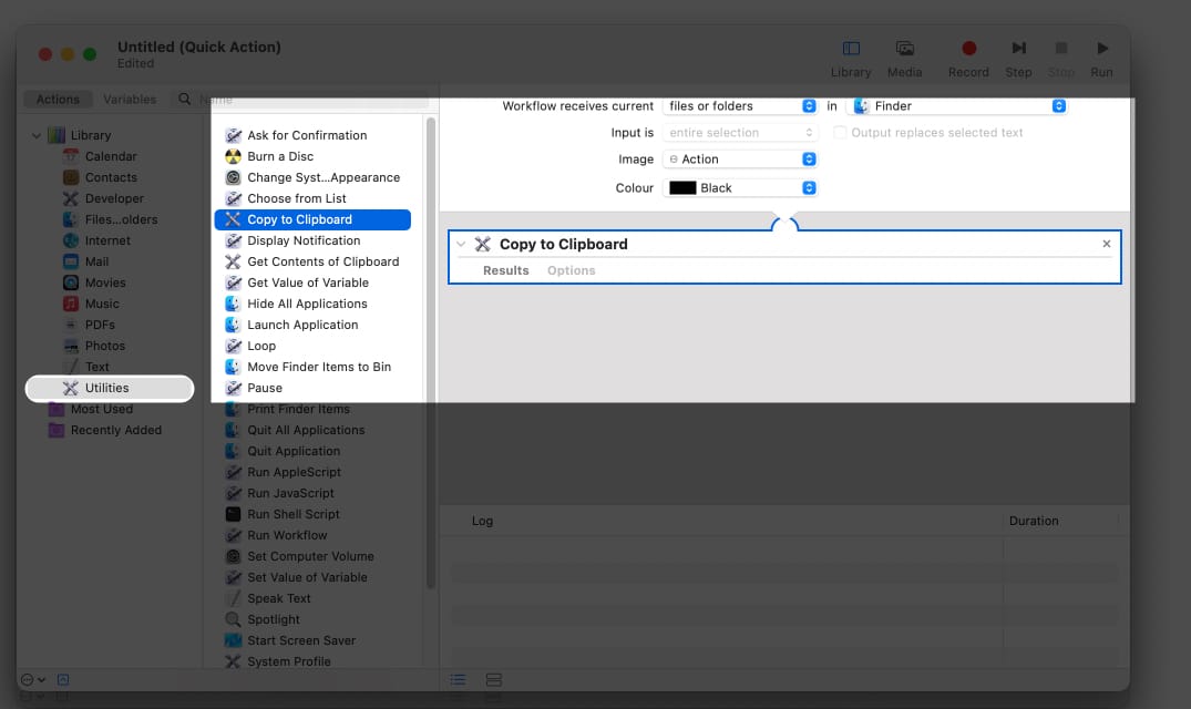 Pilih Utiliti dan klik salin ke papan keratan dalam Mac Automator