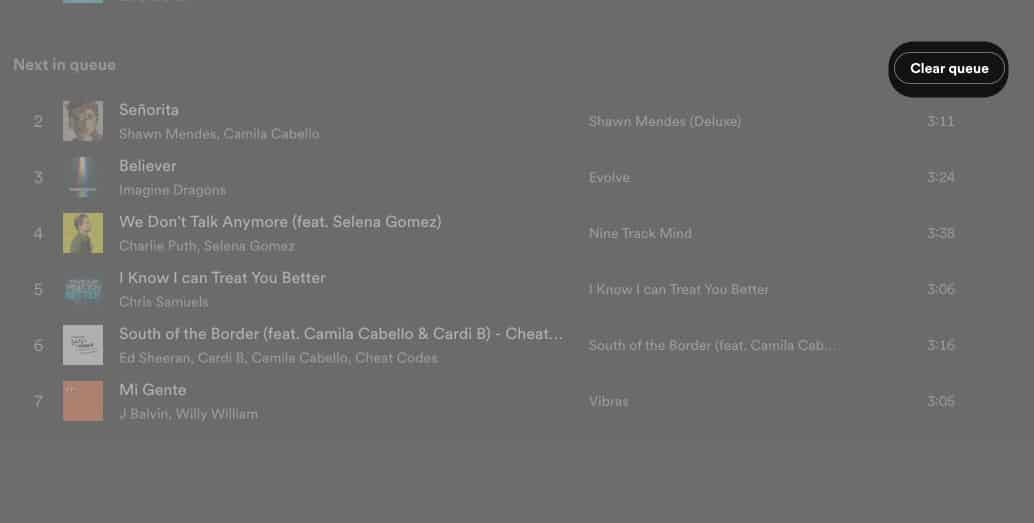 Klik Kosongkan baris gilir dalam Spotify pada Mac