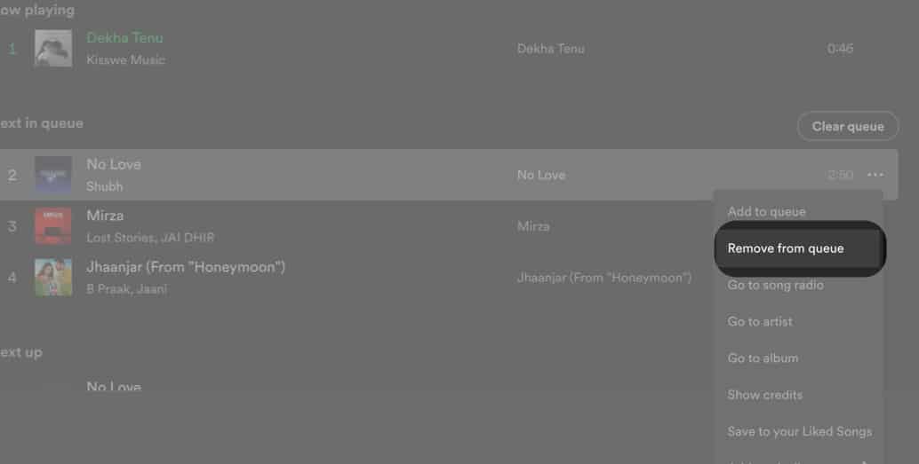 Click Remove from queue in Spotify on Mac
