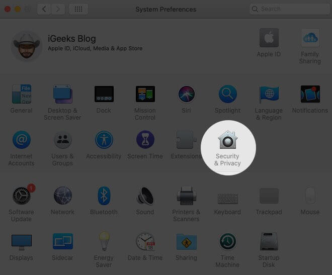 Click on Security and Privacy in Mac System Preferences