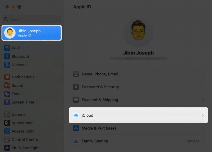 Click your Apple Id name, and select iCloud