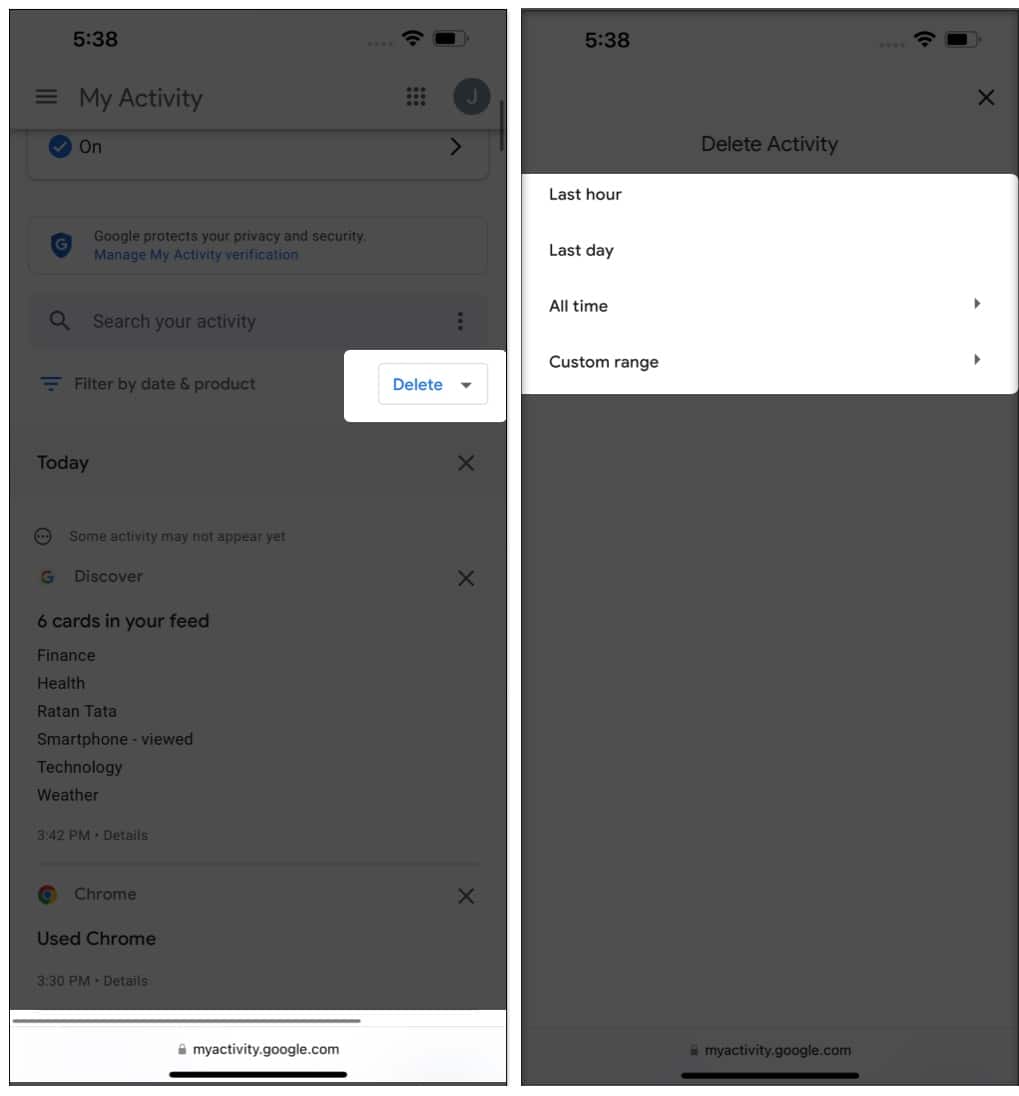 Delete Google web and app activity on iPhone