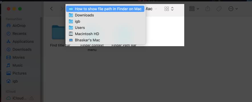 Bar tajuk pencari untuk melihat laluan fail pada Mac