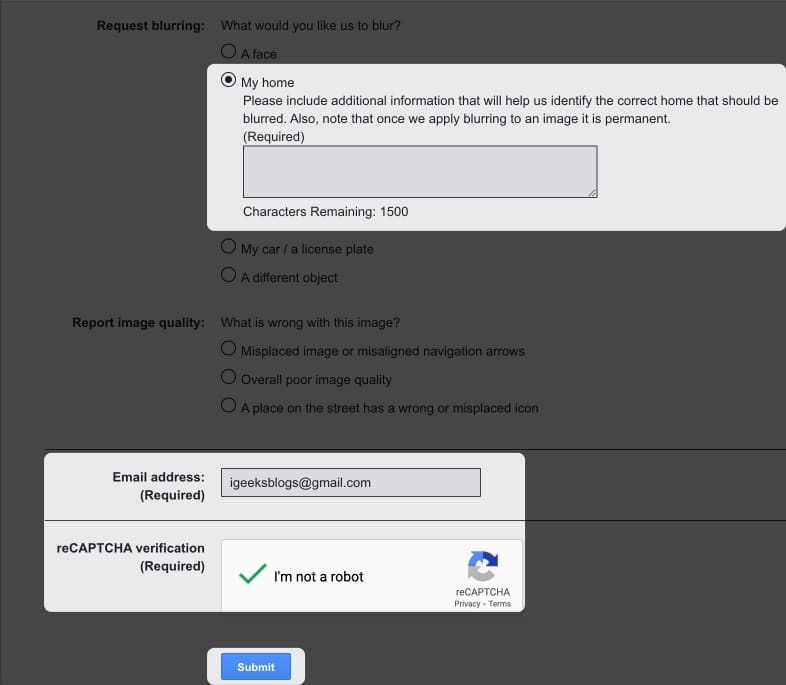 In the Request Blurring section, select My Home, complete the reCAPTCHA verification, submit