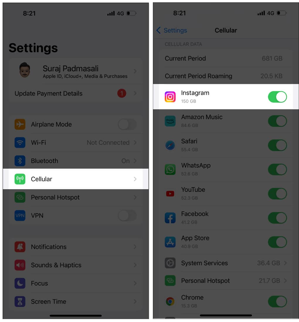 Instagram toggle on Cellular Data