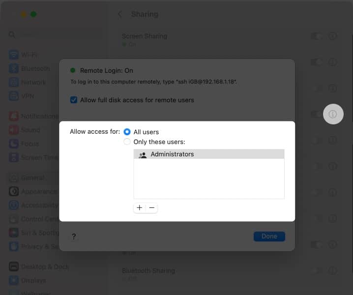 Now click the info i icon allow full disk access for remote users in Remote Login