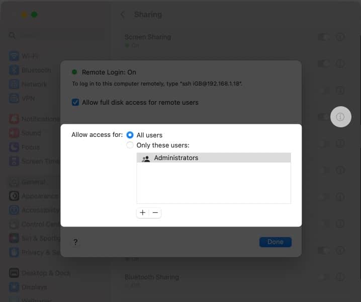 Now, click the info (i) icon, allow full disk access for remote users in Remote Login