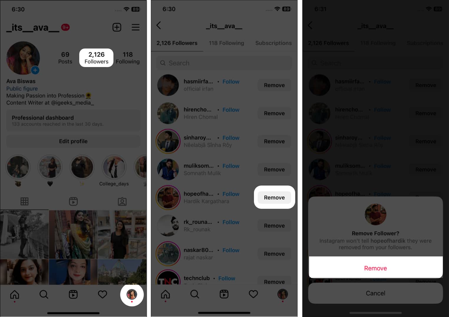 Remove a follower from the followers list on Instagram