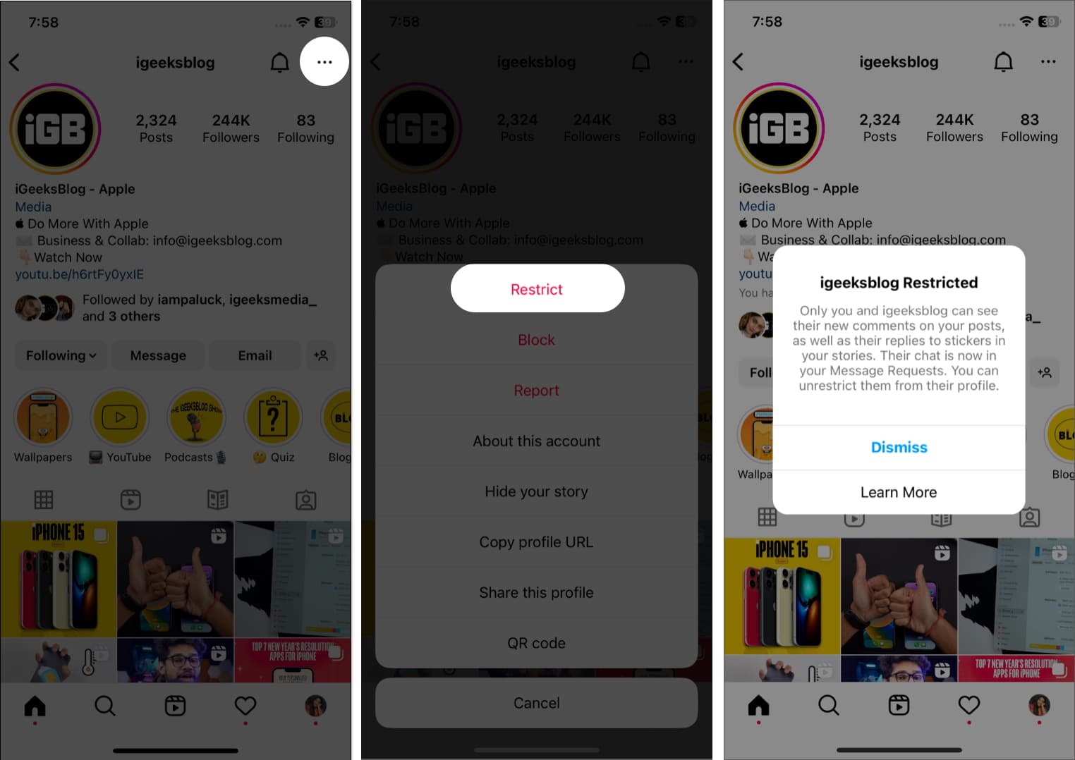 Restrict directly from user Instagram account on iPhone