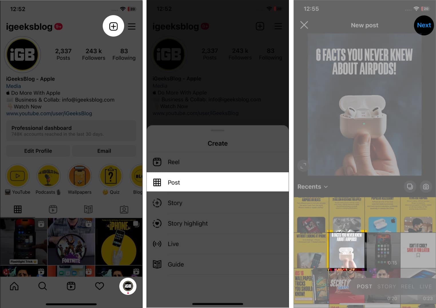 Pilih Foto dan Ketik pada Seterusnya dalam Siaran Instagram pada iPhone