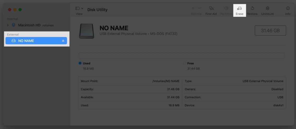 Select USB drive and click Erase in disk utility