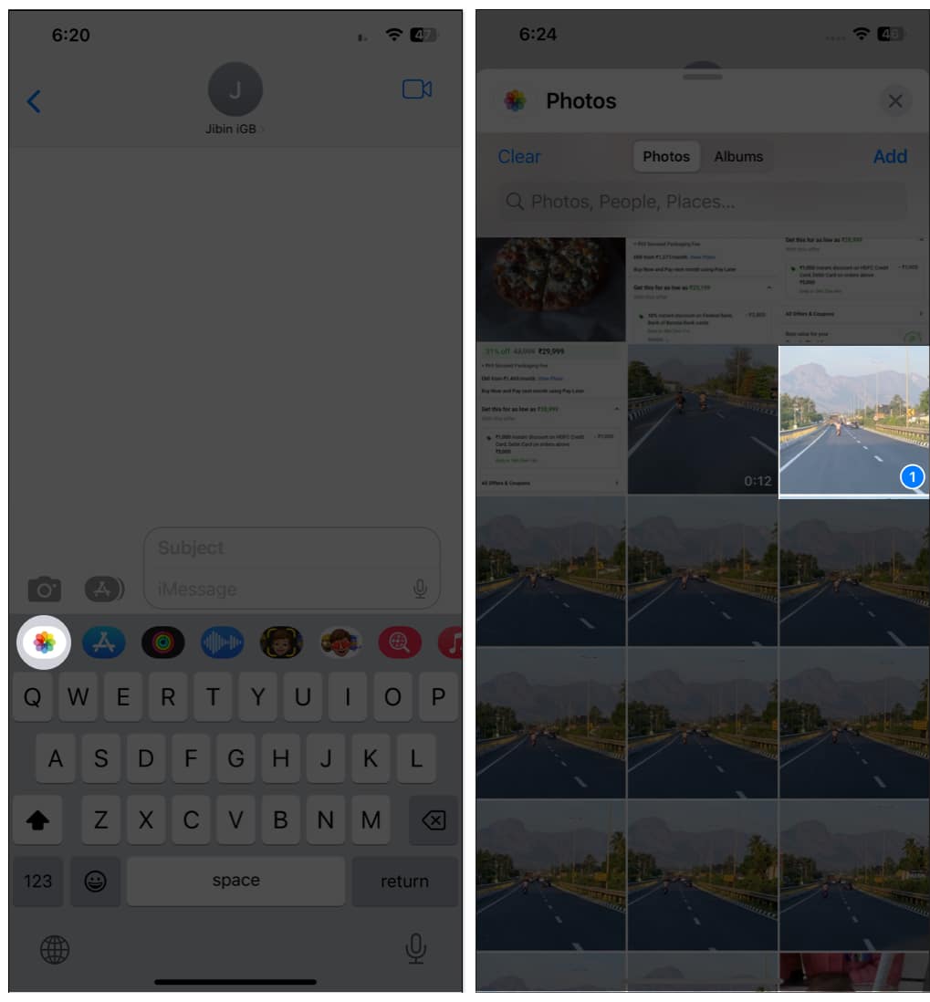 Select photo icon and select image in imessage