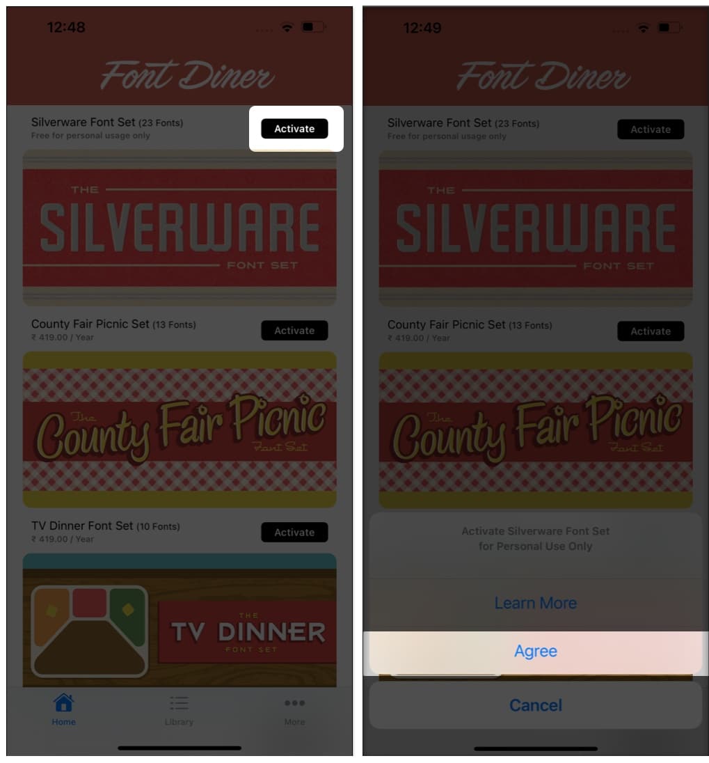 Tippen Sie neben „Silverware Font Set“ auf „Activate“ und bestätigen Sie dies, indem Sie in der Font Diner-App auf „Agree“ tippen