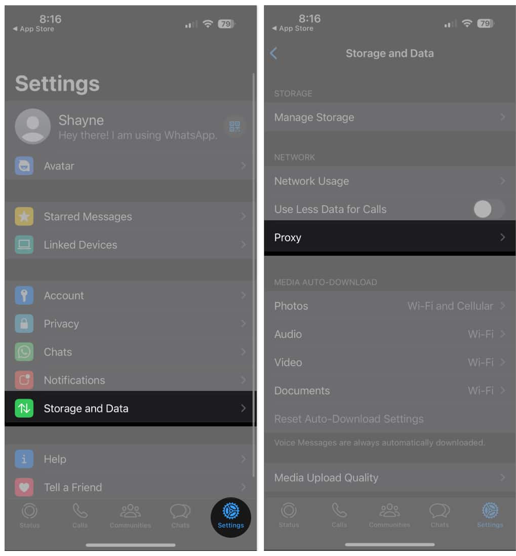 Tap Storage and Data and Proxy in WhatsApp Settings