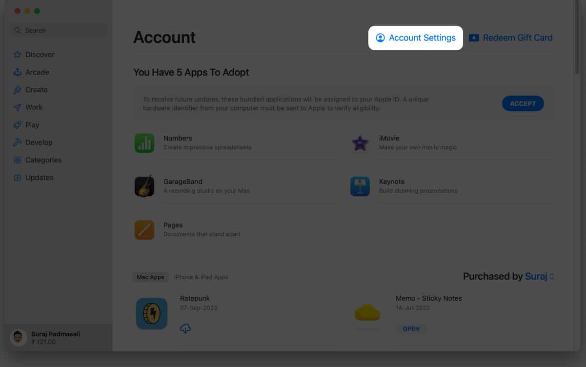 Tap on Account Settings in Mac App Store
