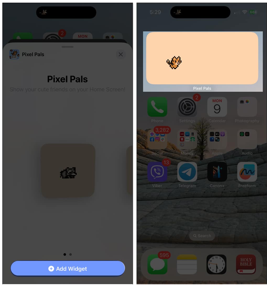 Appuyez sur Ajouter un widget pour ajouter Pixel Pals