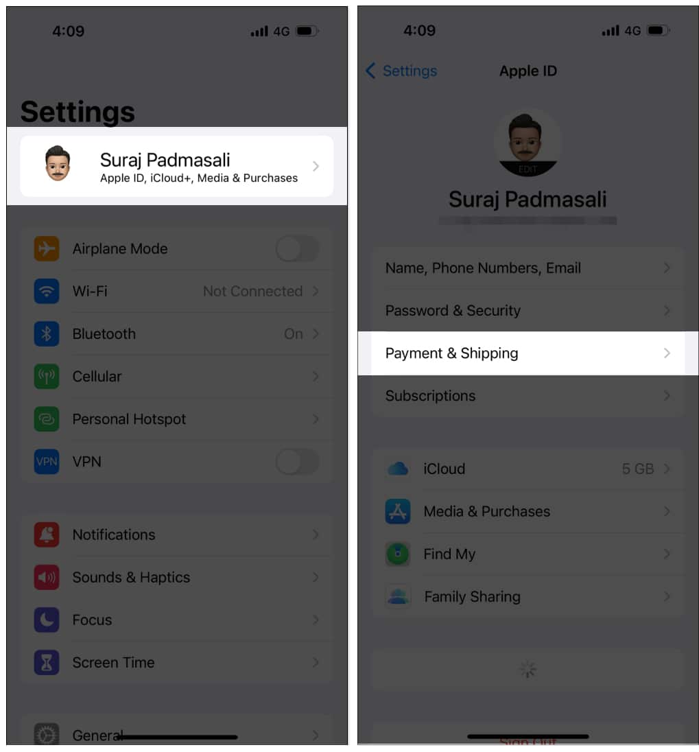 Tap on Apple ID profile and Payment and Shipping on iPhone